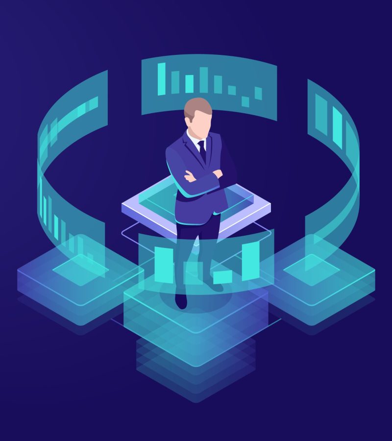 Man look graphic chart, business analytics concept, big data processing icon, virtual reality interface, server room admin administrator, isometric illustration vector neon dark